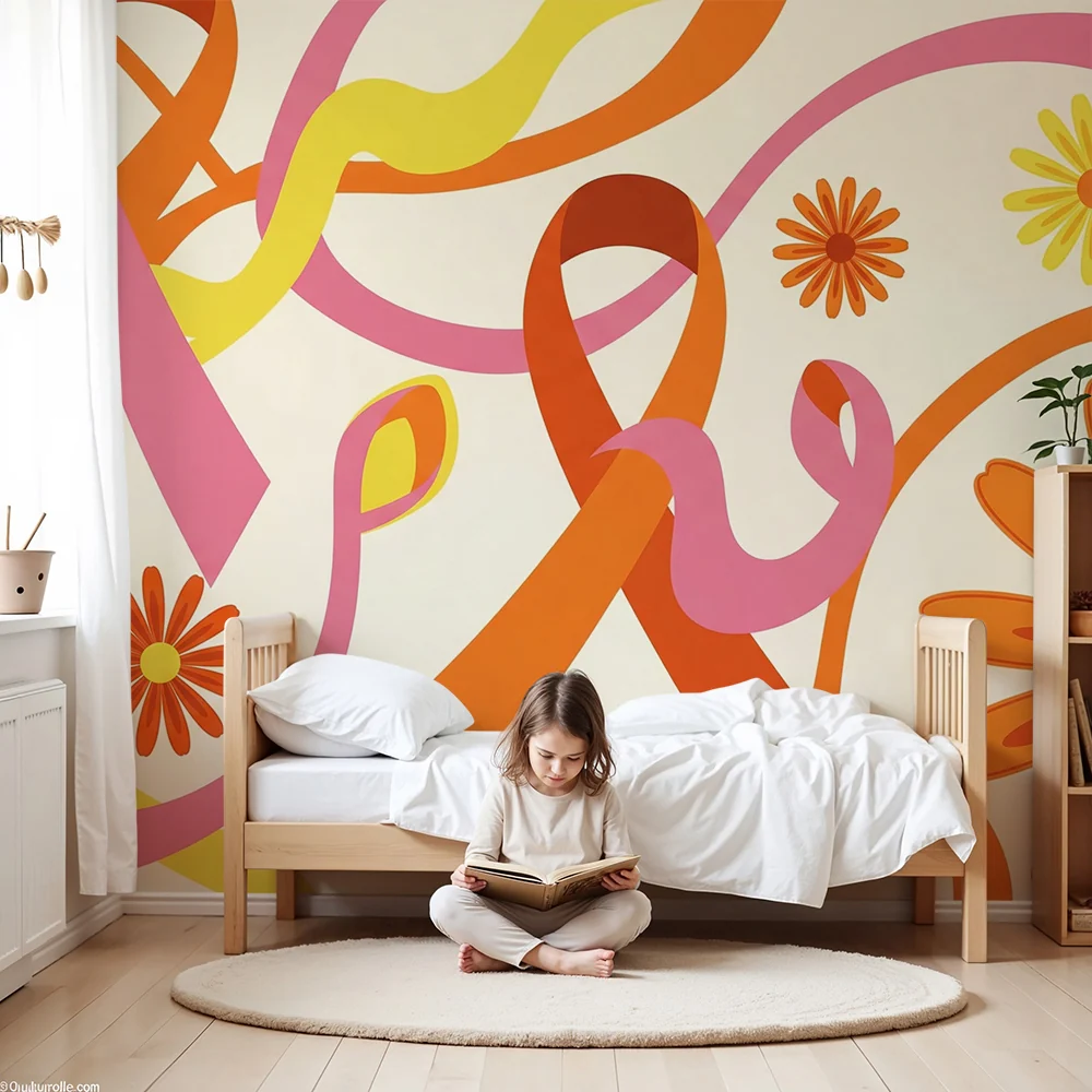 Papier de parede quarto crianç | Flores coloridas e fitas alegres em fundo claro