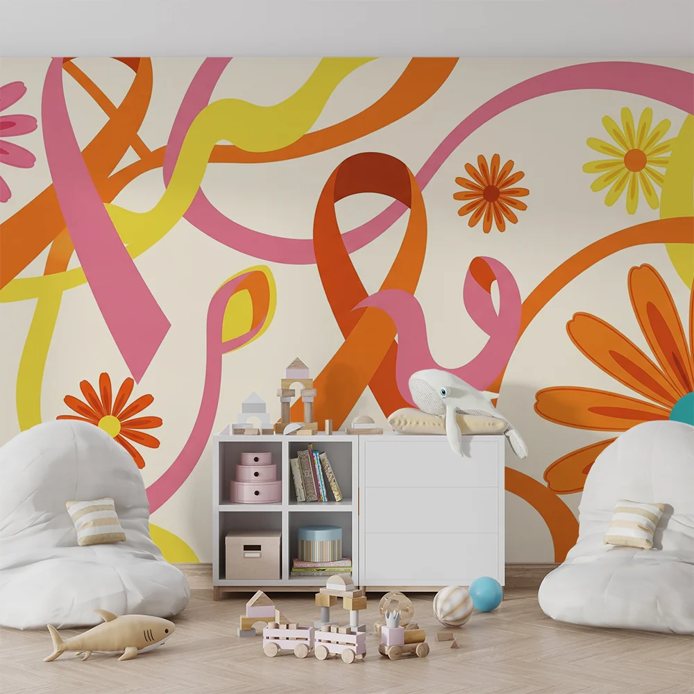 Papier de parede quarto crianç | Flores coloridas e fitas alegres em fundo claro
