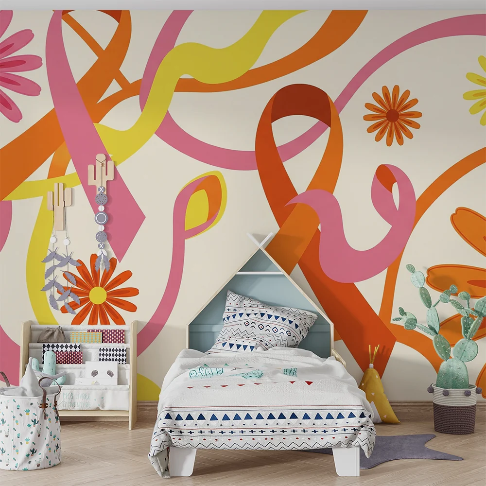 Papier de parede quarto crianç | Flores coloridas e fitas alegres em fundo claro