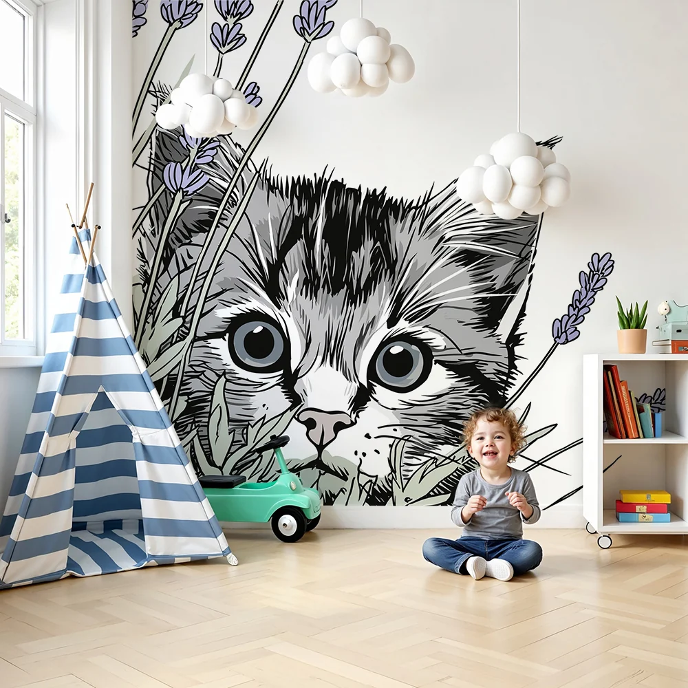 Papier de parede quarto crianç | Gatinho curioso entre as lavandas