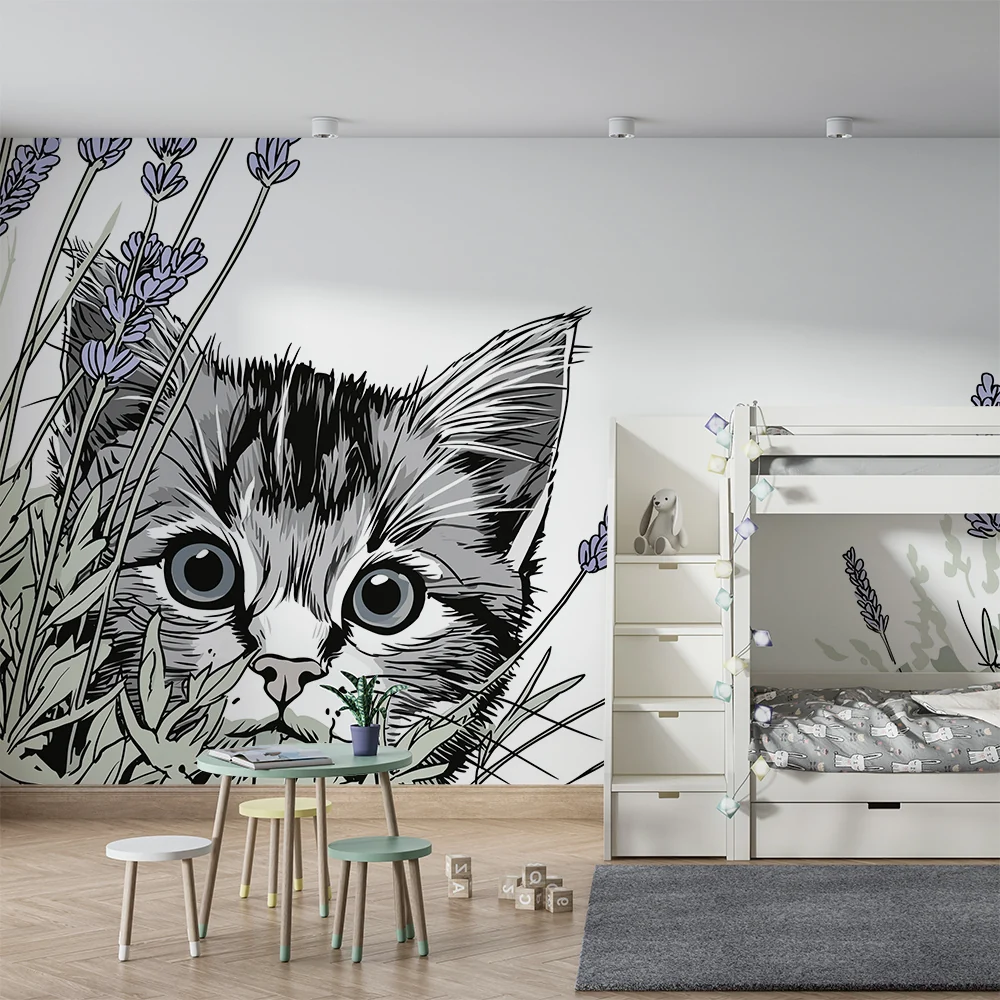 Papier de parede quarto crianç | Gatinho curioso entre as lavandas