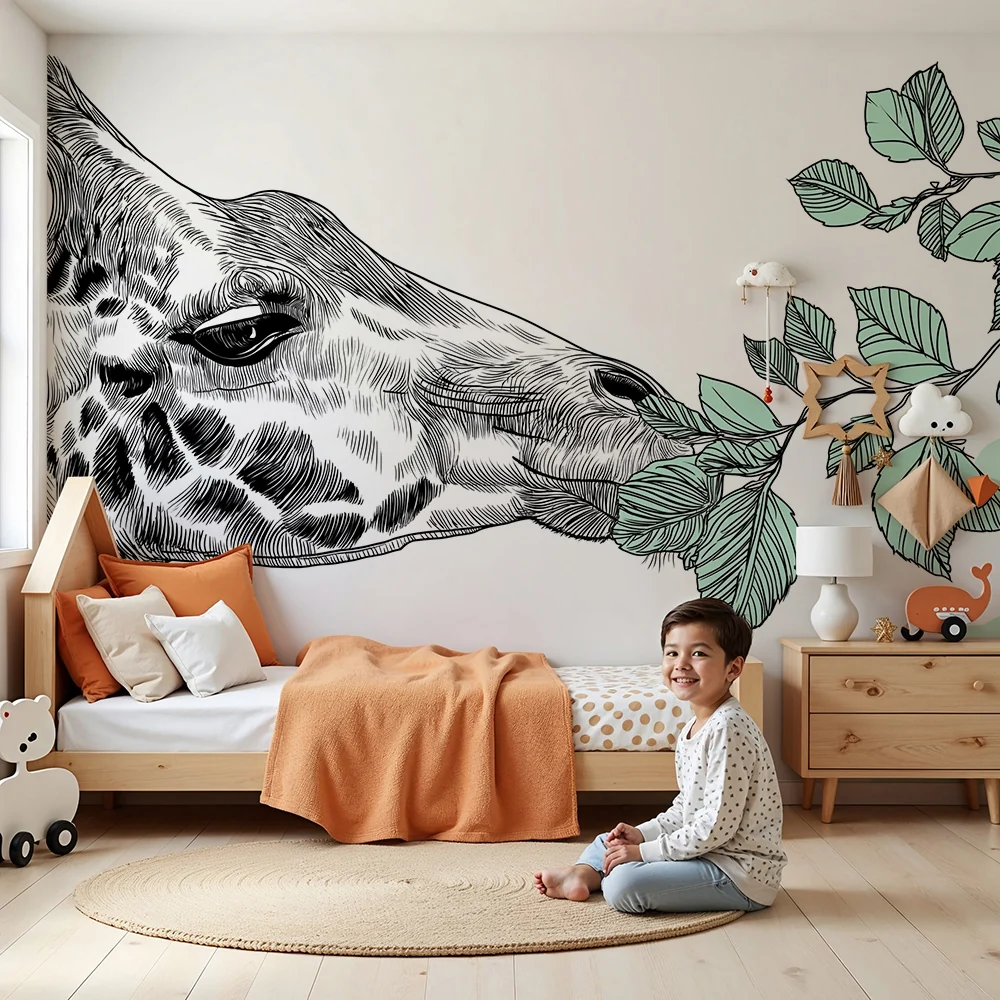 Papier de parede quarto crianç | Girafa elegante se deliciando com folhagem delicada