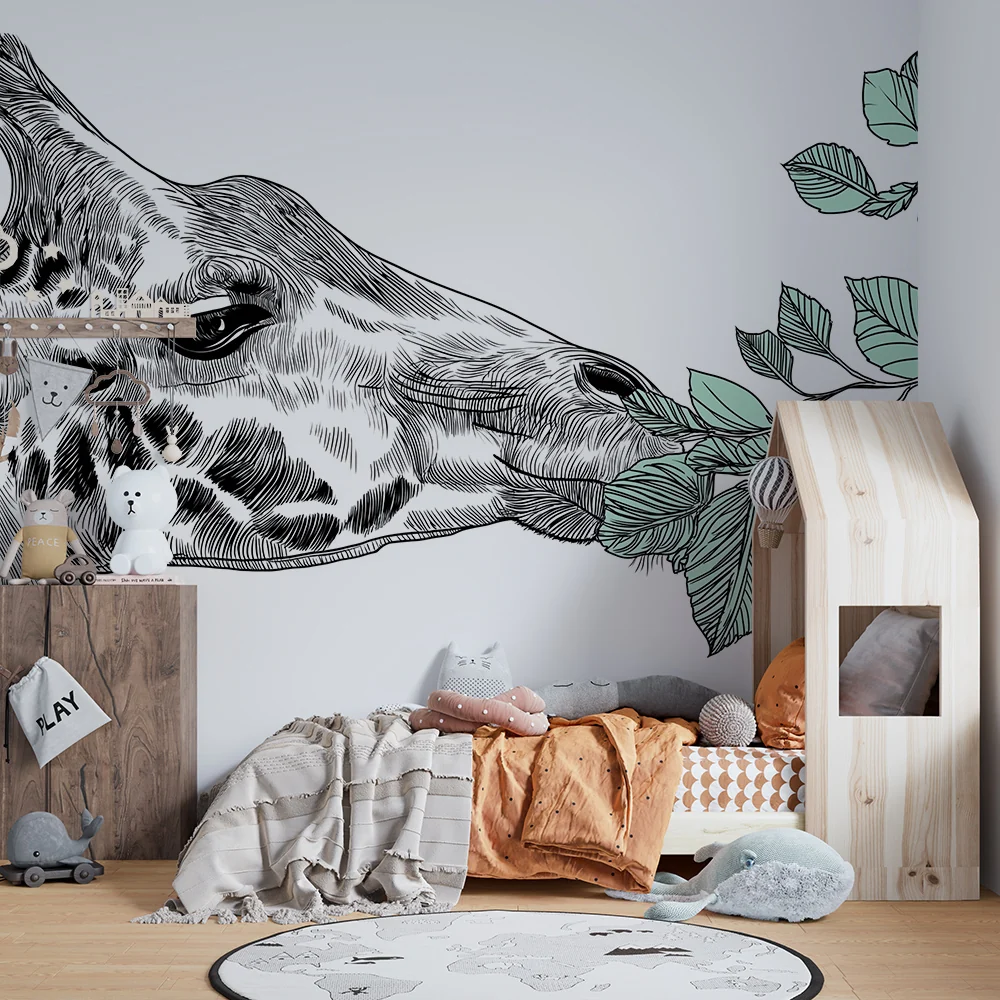 Papier de parede quarto crianç | Girafa elegante se deliciando com folhagem delicada
