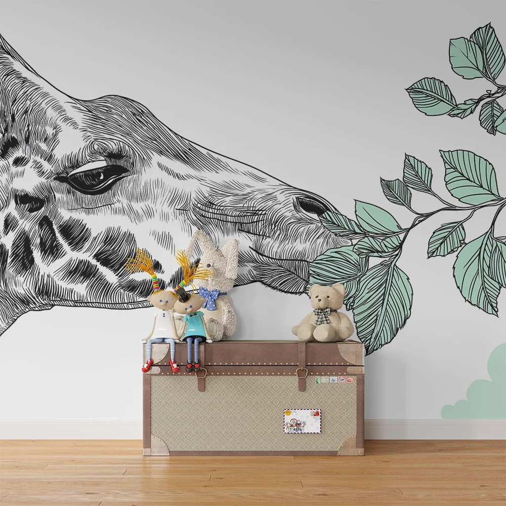 Papier de parede quarto crianç | Girafa elegante se deliciando com folhagem delicada