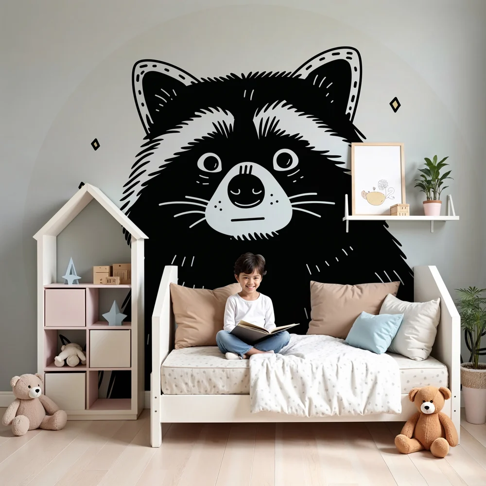 Papier de parede quarto crianç | Guaxinim travesso e natureza suave