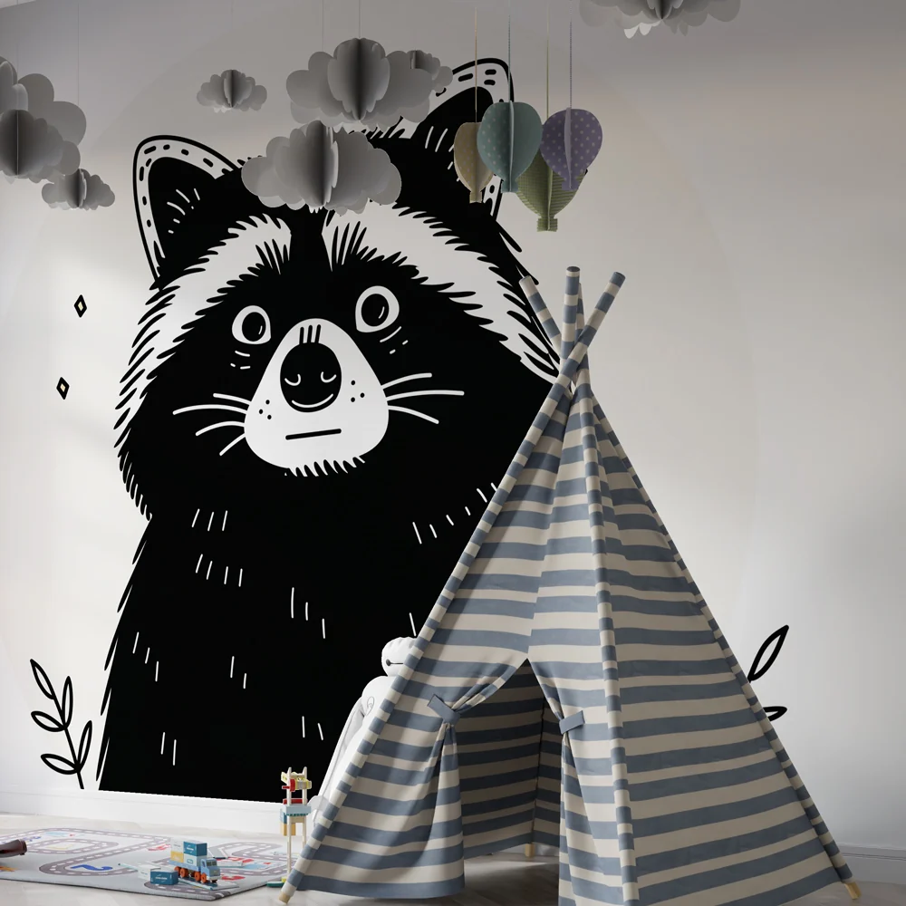Papier de parede quarto crianç | Guaxinim travesso e natureza suave