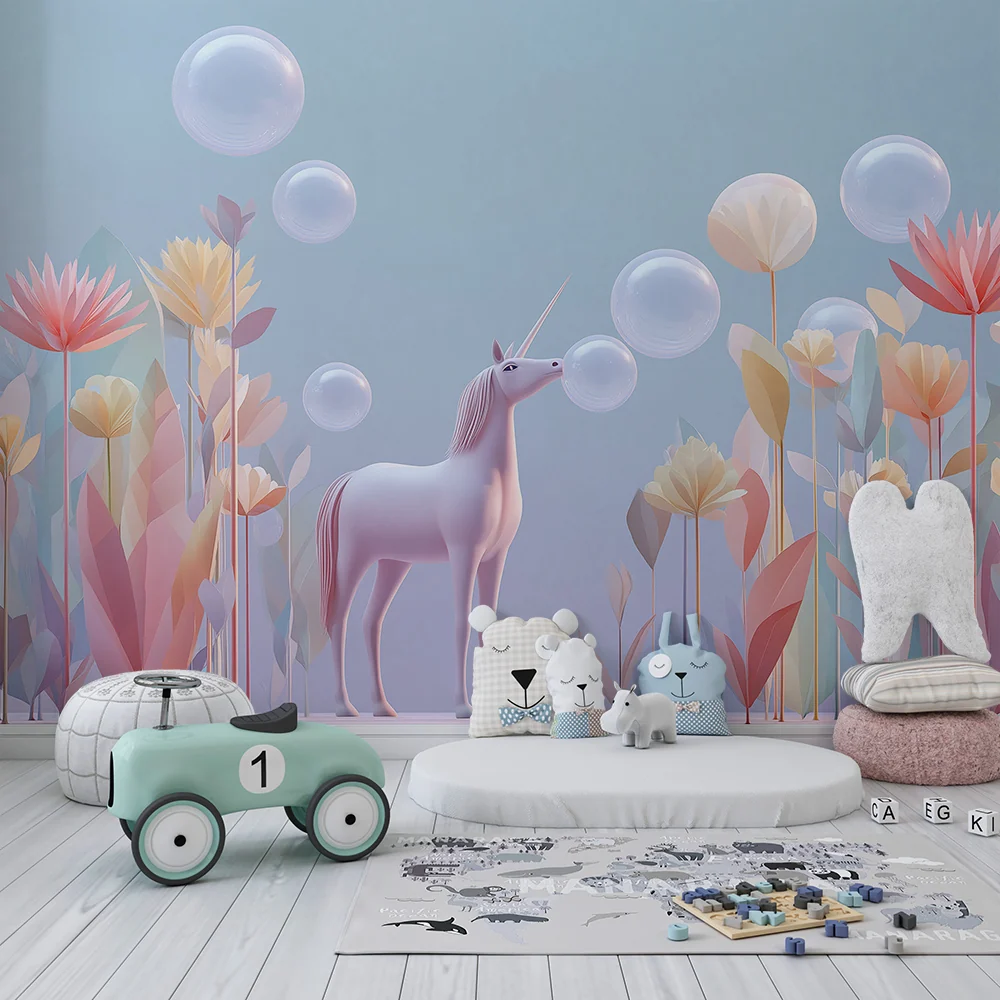 Papier de parede quarto crianç | Mágico unicórnio no meio de flores e bolhas