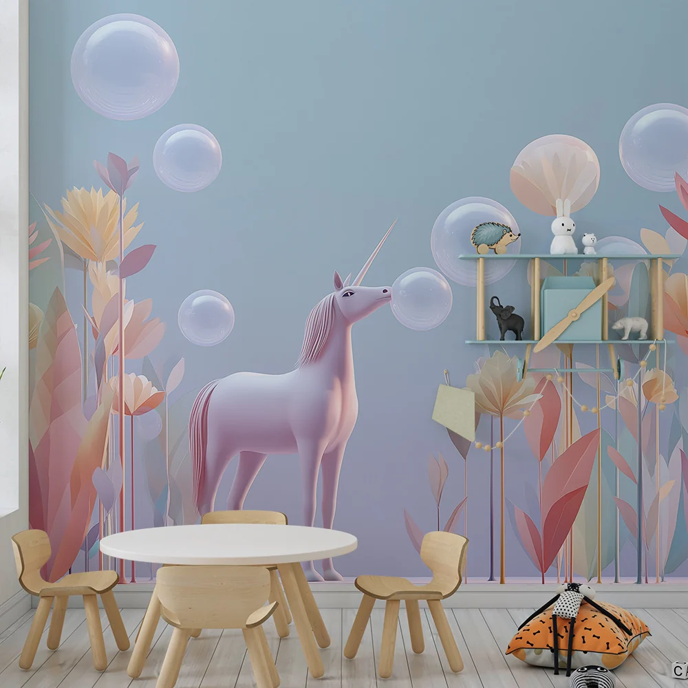 Papier de parede quarto crianç | Mágico unicórnio no meio de flores e bolhas