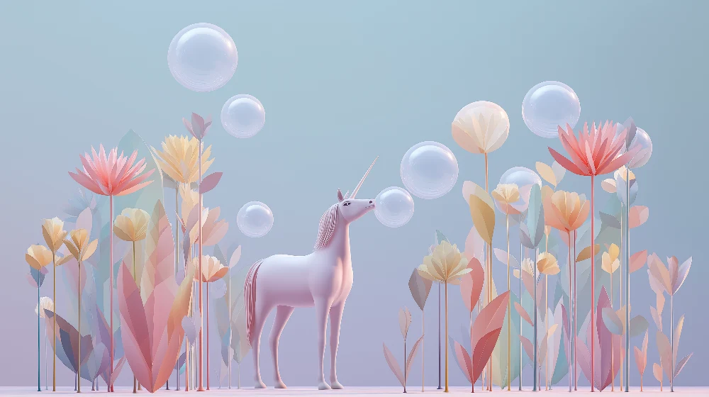 Papier de parede quarto crianç | Mágico unicórnio no meio de flores e bolhas