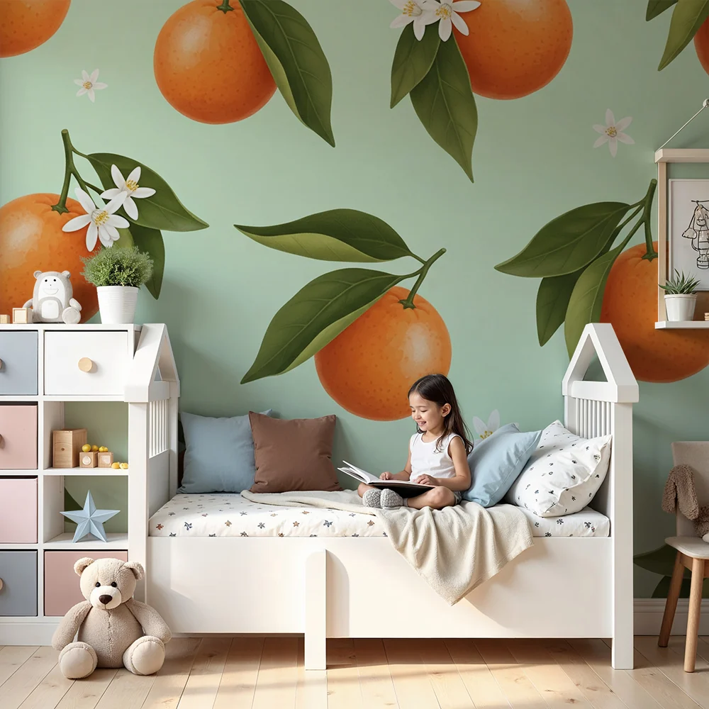 Papier de parede quarto crianç | Sucos de laranja e flores brancas em fundo verde menta