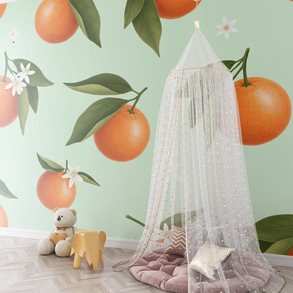 Papier de parede quarto crianç | Sucos de laranja e flores brancas em fundo verde menta