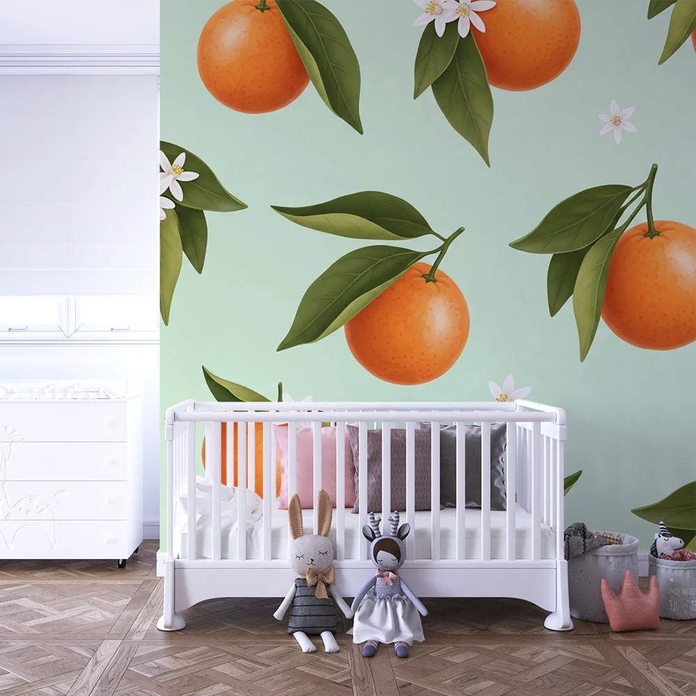 Papier de parede quarto crianç | Sucos de laranja e flores brancas em fundo verde menta