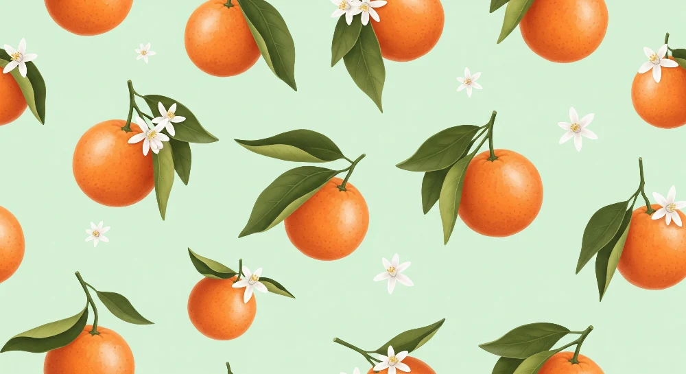 Papier de parede quarto crianç | Sucos de laranja e flores brancas em fundo verde menta