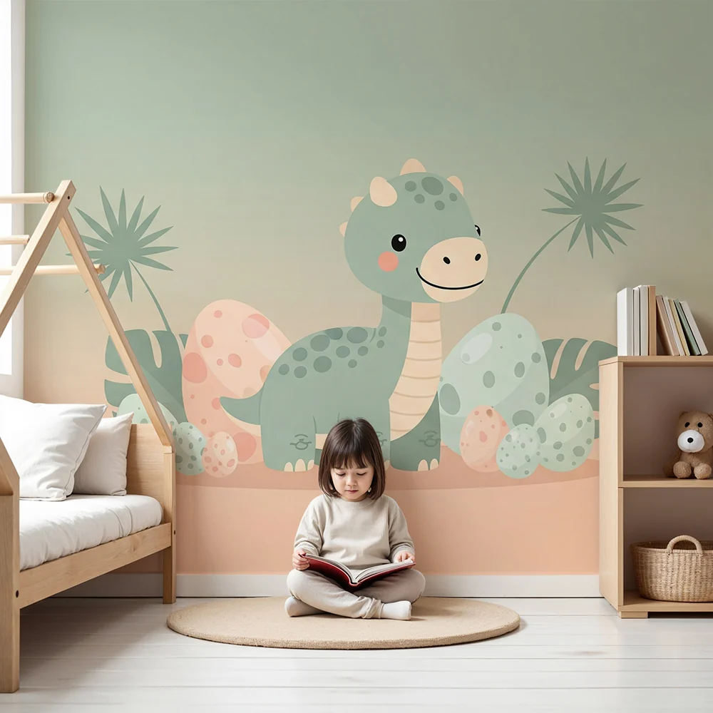 Papier de parede soba beba | Mali dinosaurus i šarena jaja u nježnom dekoru