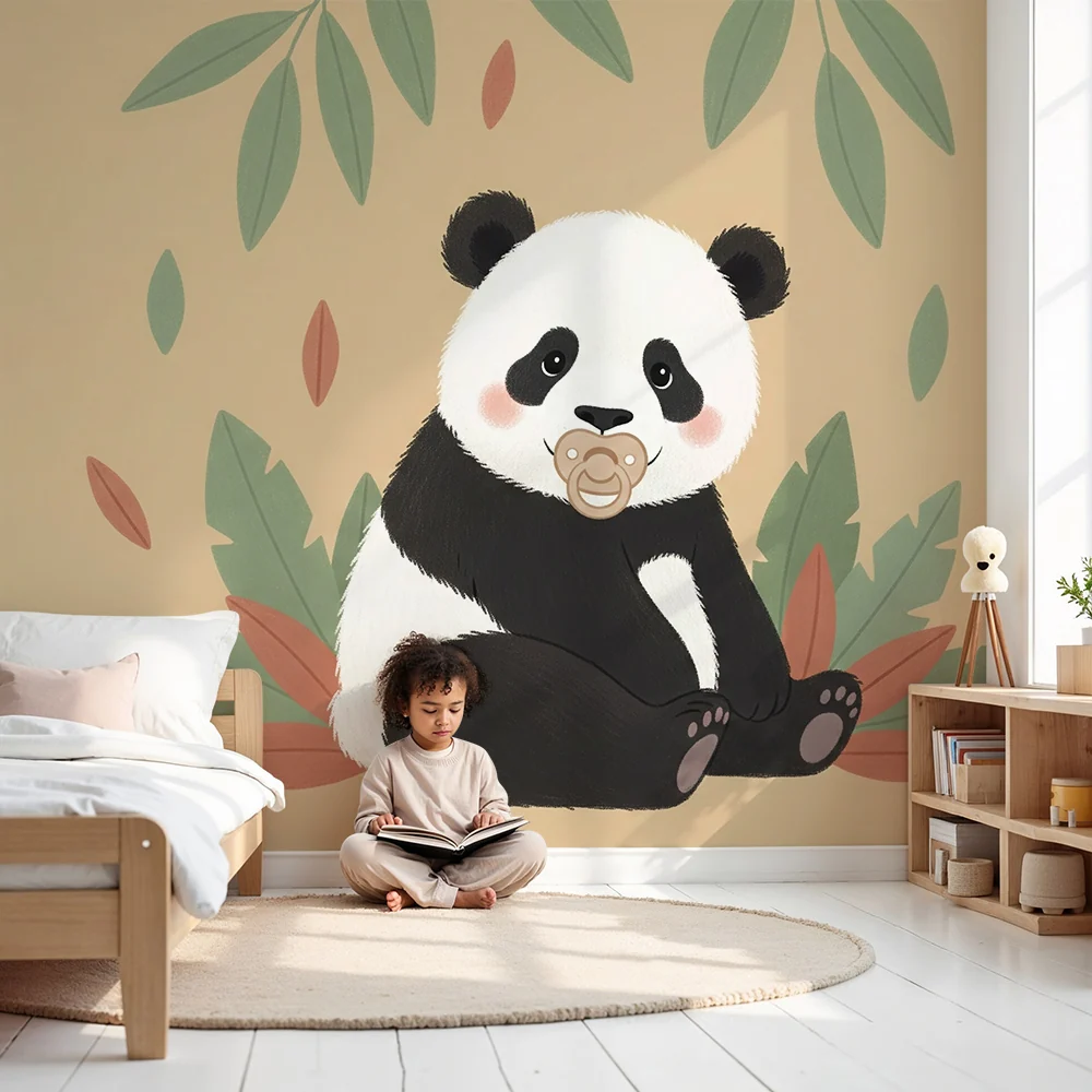 Papier de parede za sobu bebe | Ljupki panda s cuclom i lišćem