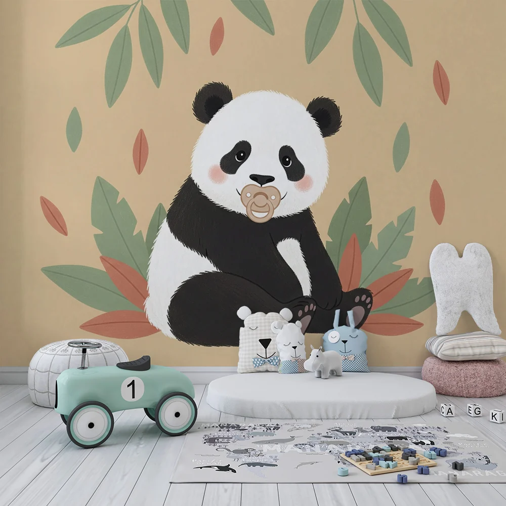 Papier de parede za sobu bebe | Ljupki panda s cuclom i lišćem