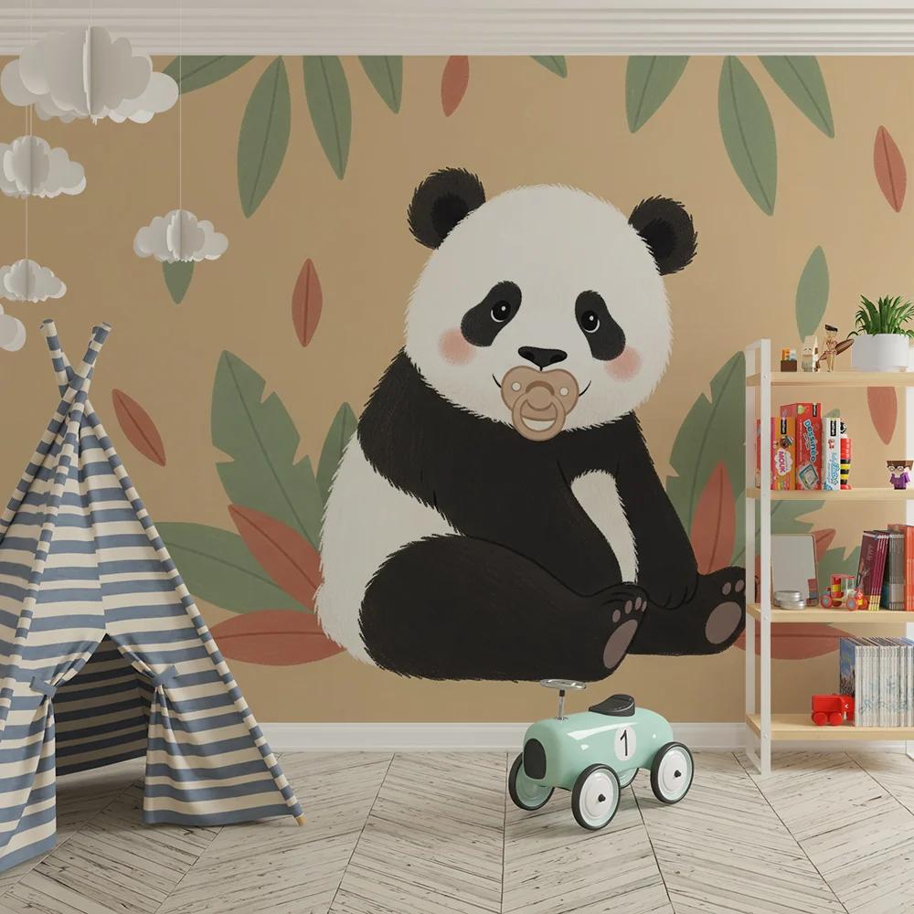Papier de parede za sobu bebe | Ljupki panda s cuclom i lišćem