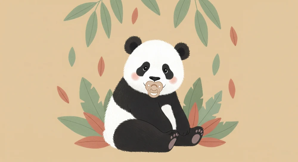 Papier de parede za sobu bebe | Ljupki panda s cuclom i lišćem