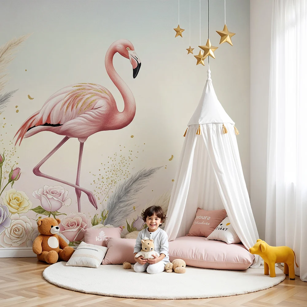 Tapet za bebe | Flamingo ružičaste boje i nježni cvjetovi u pastelnoj atmosferi