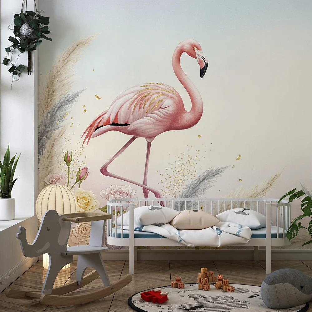Tapet za bebe | Flamingo ružičaste boje i nježni cvjetovi u pastelnoj atmosferi