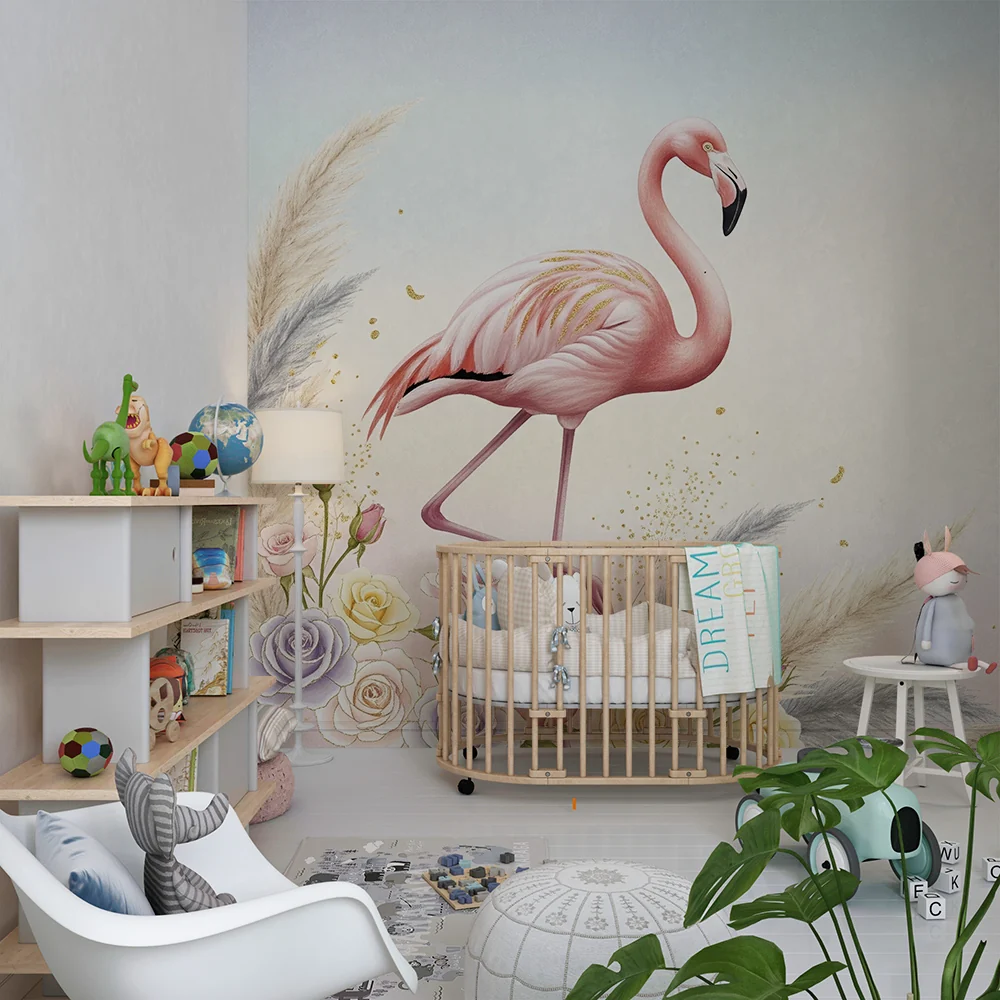 Tapet za bebe | Flamingo ružičaste boje i nježni cvjetovi u pastelnoj atmosferi