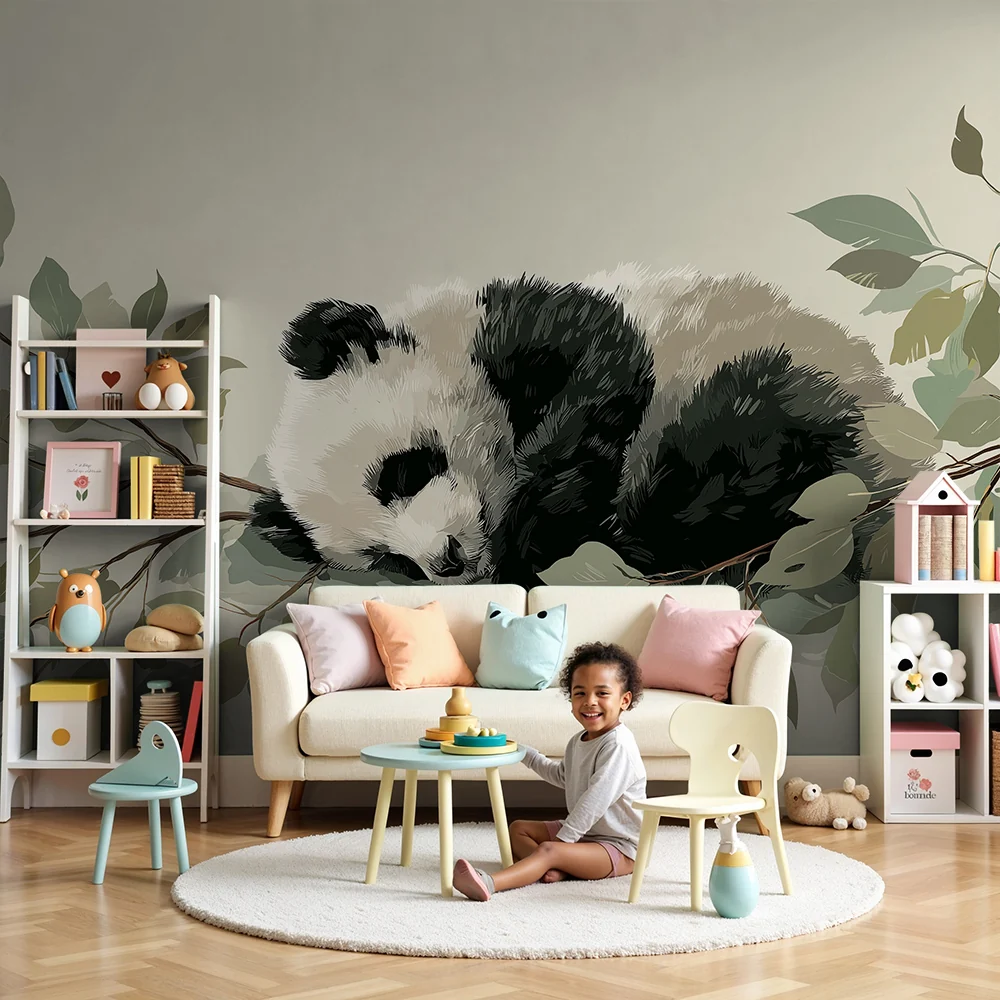 Tapet za bebe sobu | Beba panda spava na grani s mekanim lišćem