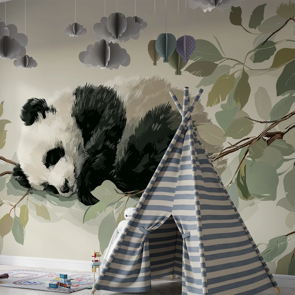 Tapet za bebe sobu | Beba panda spava na grani s mekanim lišćem