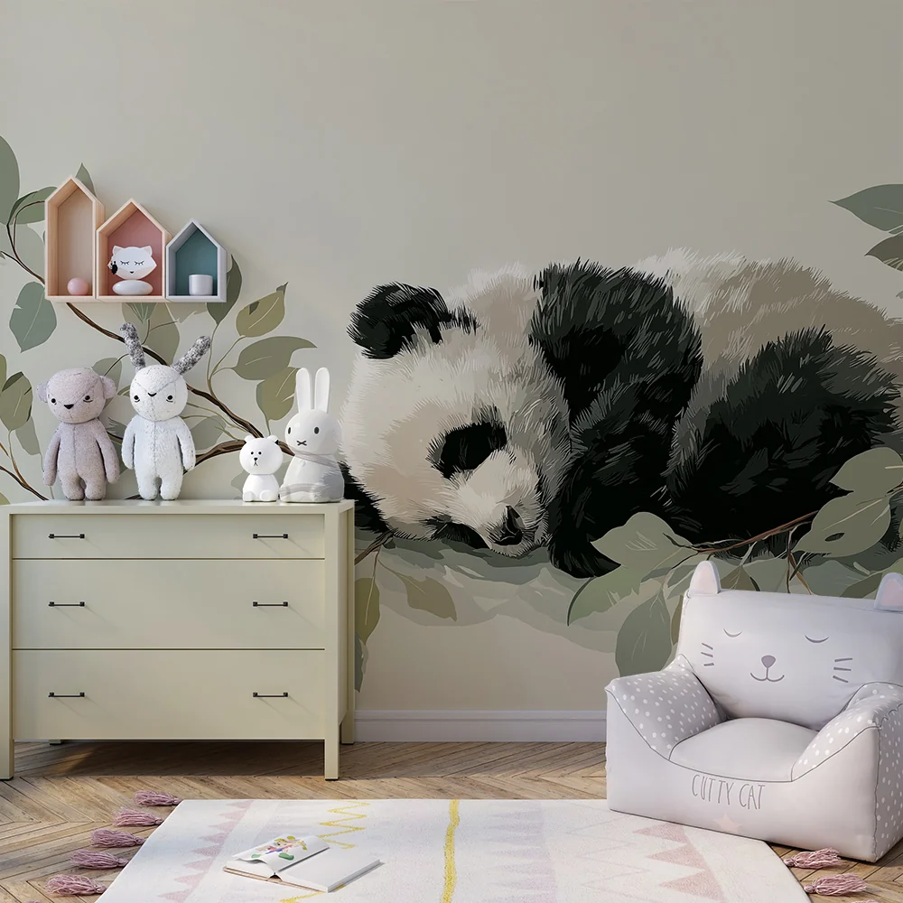 Tapet za bebe sobu | Beba panda spava na grani s mekanim lišćem