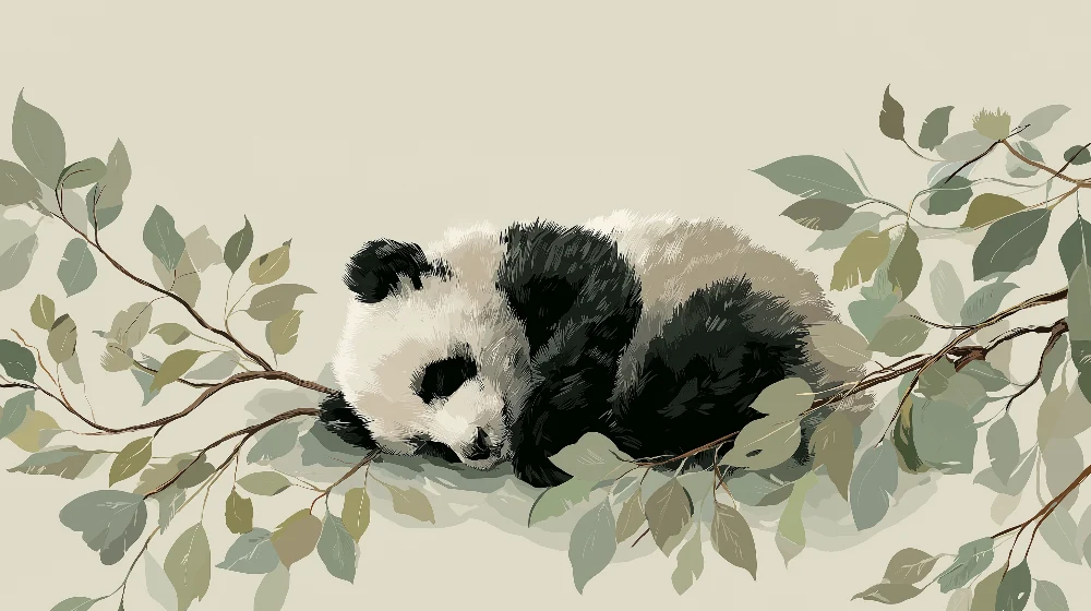 Tapet za bebe sobu | Beba panda spava na grani s mekanim lišćem