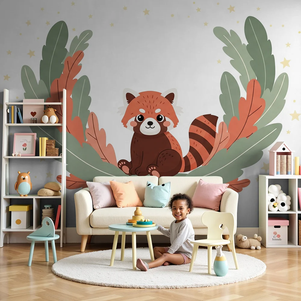 Tapet za bebe sobu | Mali crveni panda u cvjetnom okviru