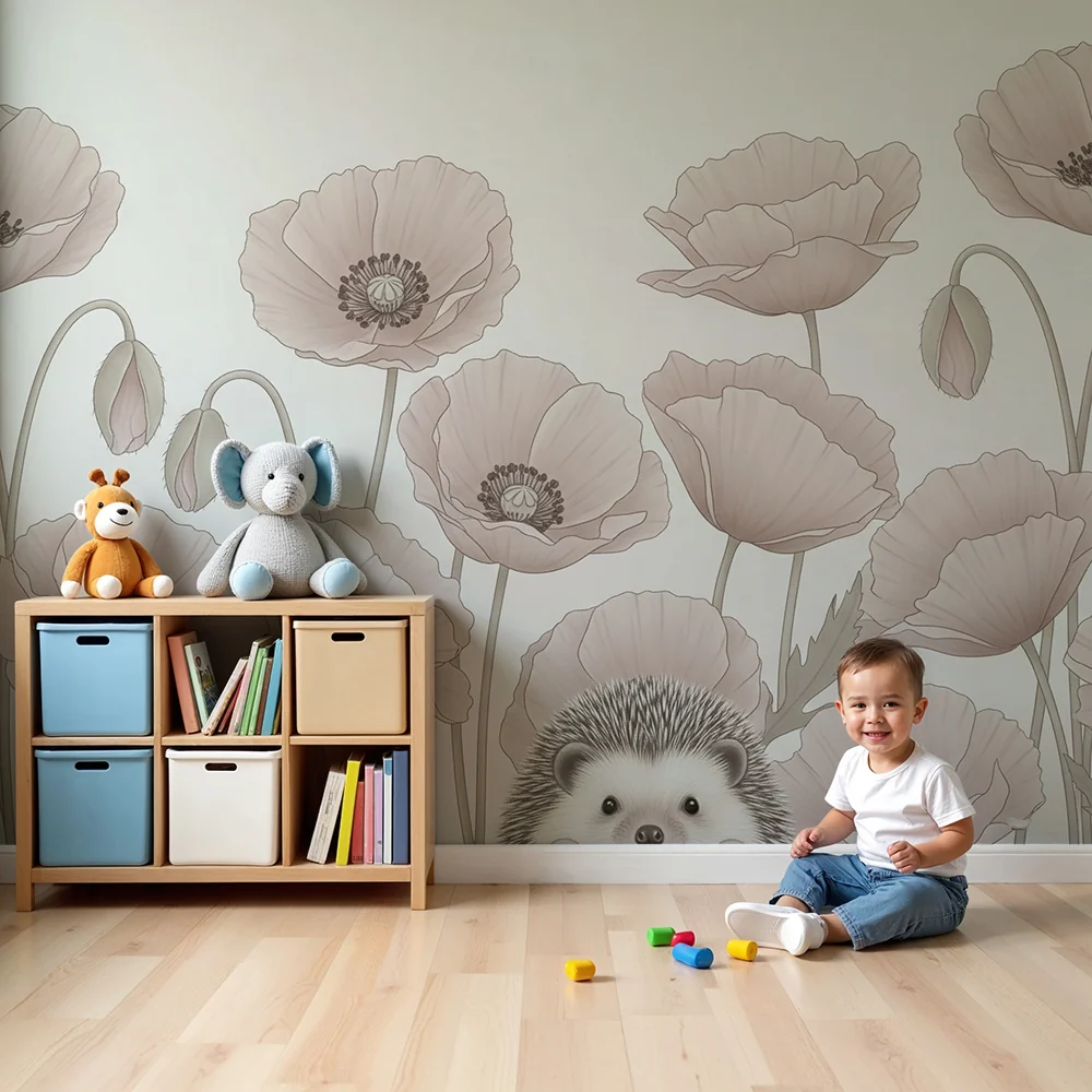 Tapet za bebe sobu | Jež i nježni makovi