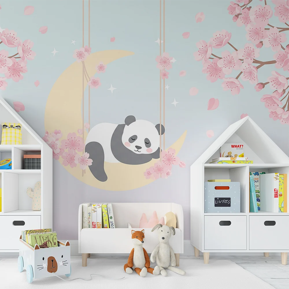 Tapet za bebe sobu | Spavaći panda na mjesecu okružen cvjetovima trešnje