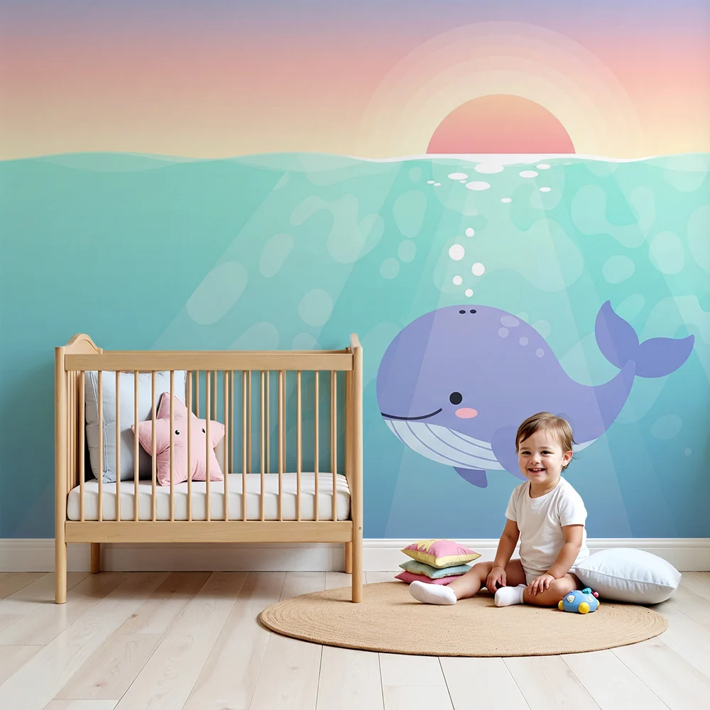 Tapet za bebe | Sretan kit ispod valova s zalaskom sunca