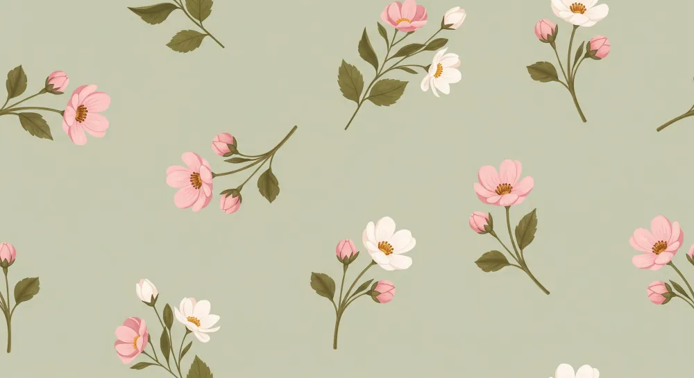 Tapet za dječju sobu | Ružičasti i bijeli cvjetovi na pozadini masline