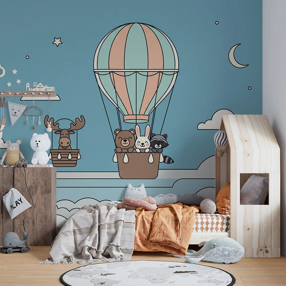 Tapeta za dječju sobu | Šareni balon s slatkim životinjicama na nebu