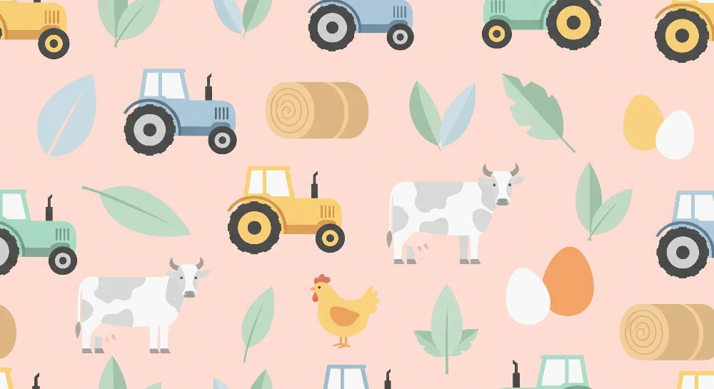 Tapeta za dječju sobu | Životinje s farme i šareni traktori na pastelnoj pozadini