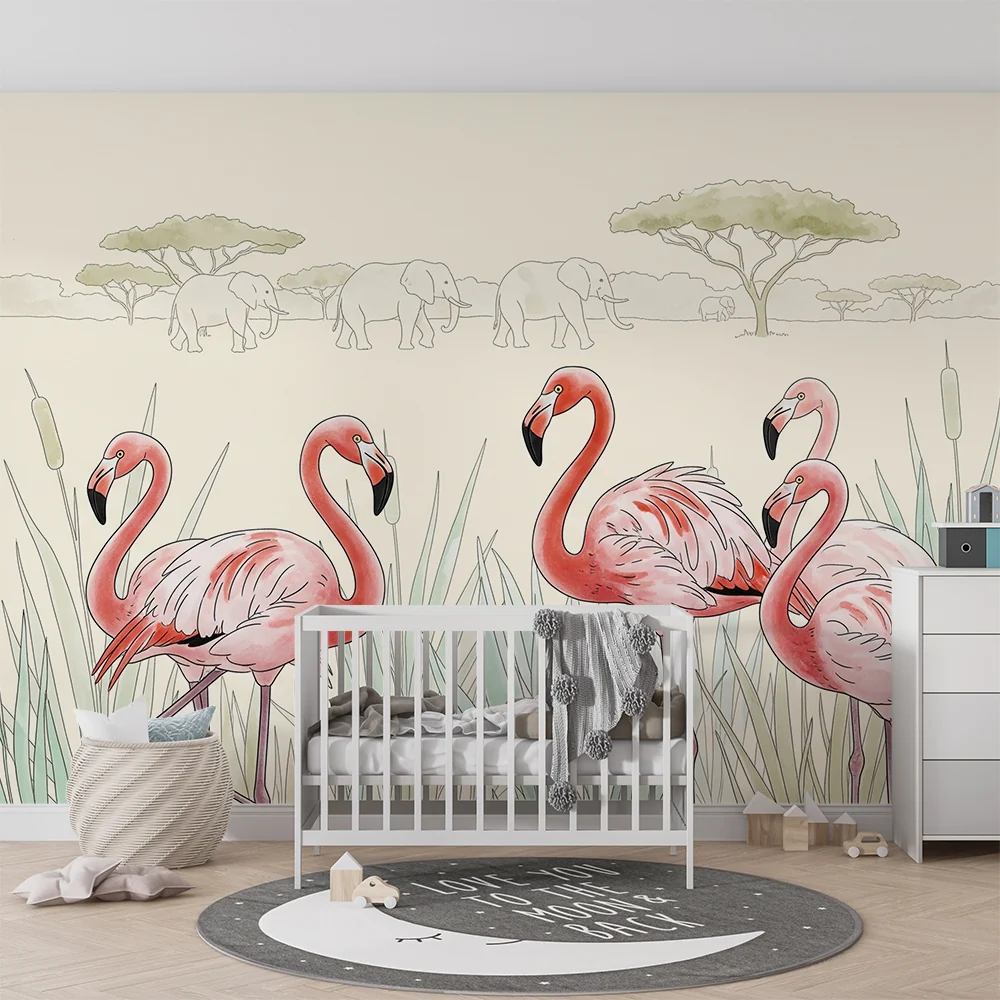 Tapete za dječju sobu | Flamingosi i slonovi u mirnom krajoliku
