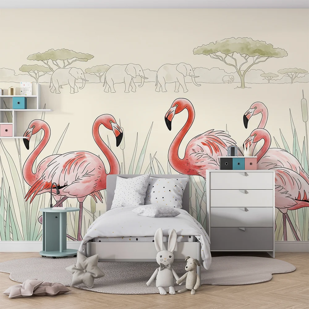 Tapete za dječju sobu | Flamingosi i slonovi u mirnom krajoliku