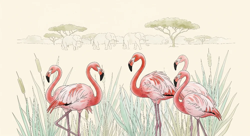Tapete za dječju sobu | Flamingosi i slonovi u mirnom krajoliku