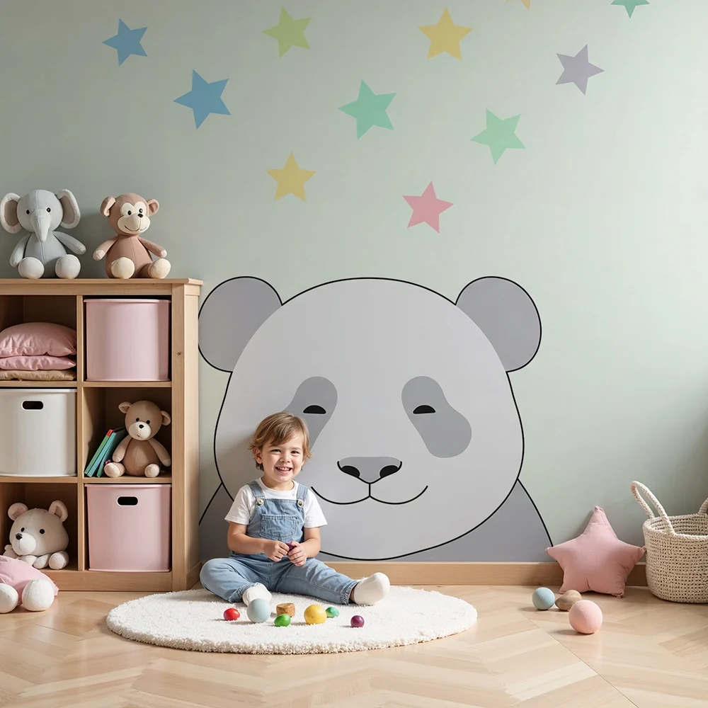 Tapete za dječju sobu | Osmijeh pande s pastelnim zvijezdama