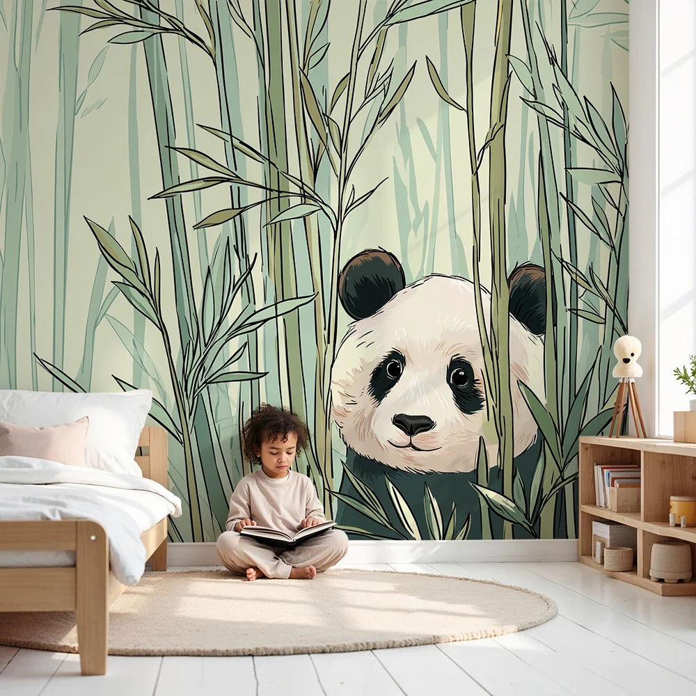 Tapete za dječju sobu | Sladak panda skriven u bambusovoj šumi
