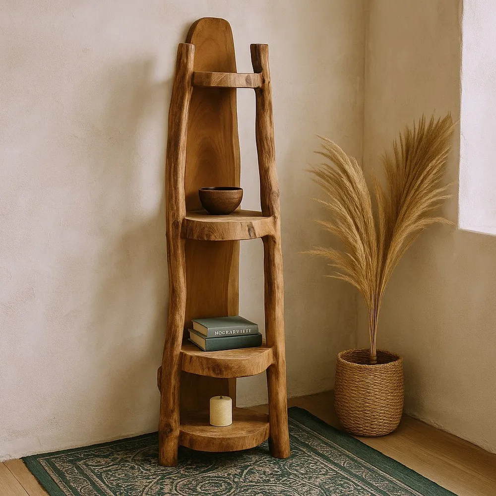 Prirodna teak kutna polica 90cm, 3 police