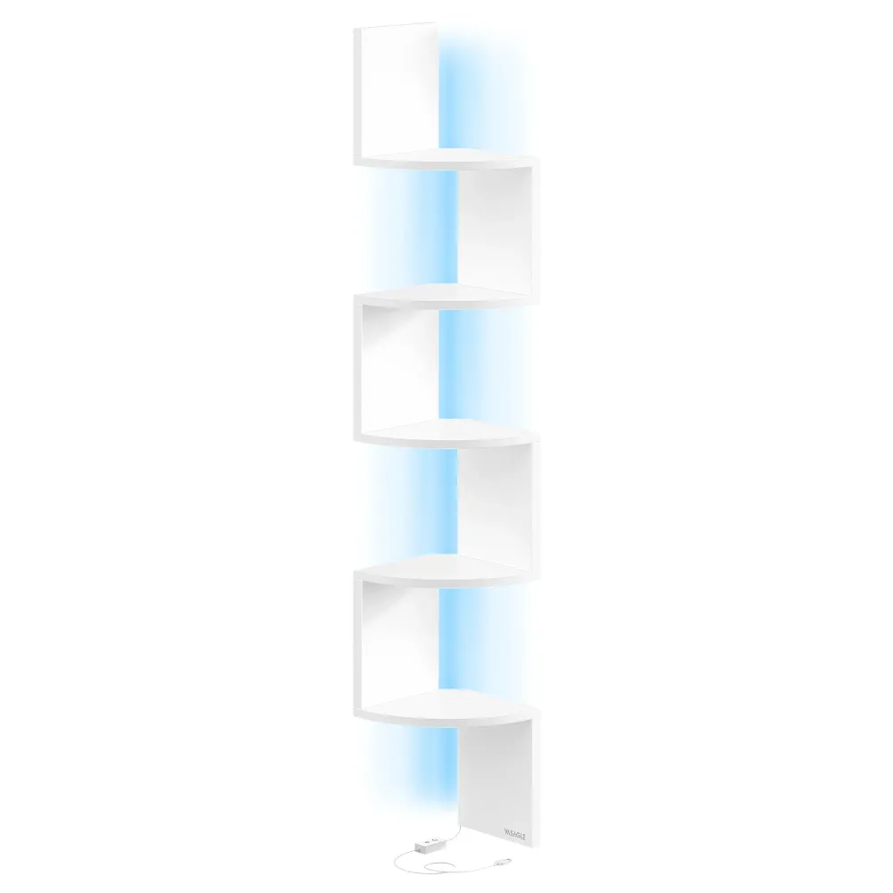 Finski kutni polic s RGB LED osvjetljenjem, 5 etaž, mat bijele boje