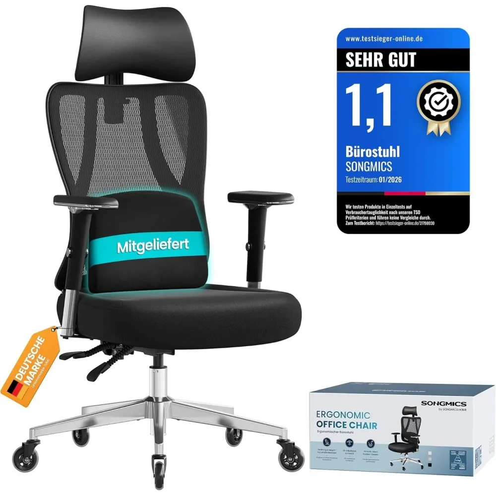 SONGMICS ergonomska uredska stolica s podesivim naslonima za leđ i glavu, max. 150 kg nosivost, crna