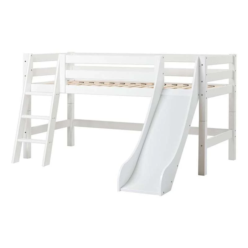 Hoppekids ECO Luxury - Poluvisoki krevet s toboganom - 90x200 cm. - Kosi ljestve - Fleksibilna podnica - Bijela