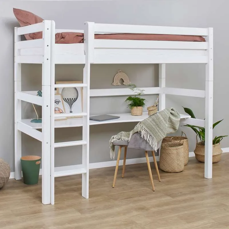 Hoppekids ECO Luxury - Visoka postelja s radnom pločom - 90x200 cm. - Fleksibilna podloga za madrac - Bijela