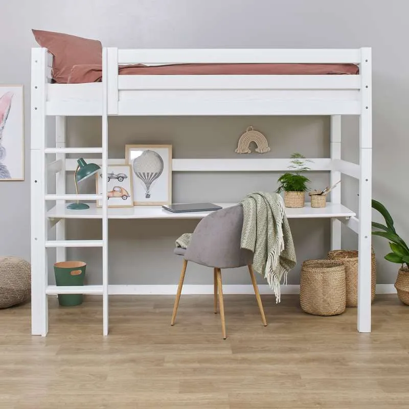 Hoppekids ECO Luxury - Visoka postelja s radnom pločom - 90x200 cm. - Fleksibilna podloga za madrac - Bijela