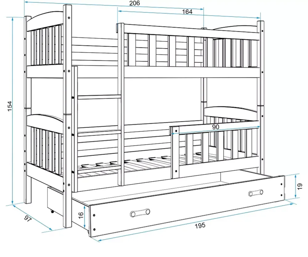 Krevet BMS Kubus na kat + ladica 200x90 cm, GRF grafit