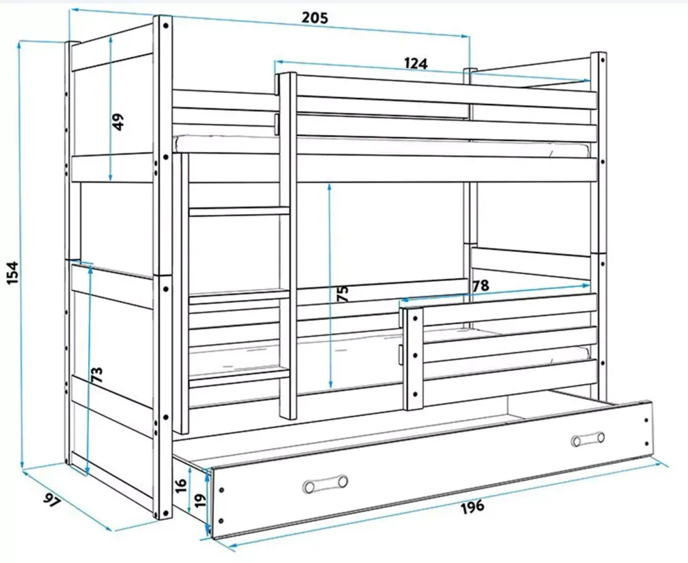 Krevet BMS Rico na kat + ladica 200x90 cm, PINE plava