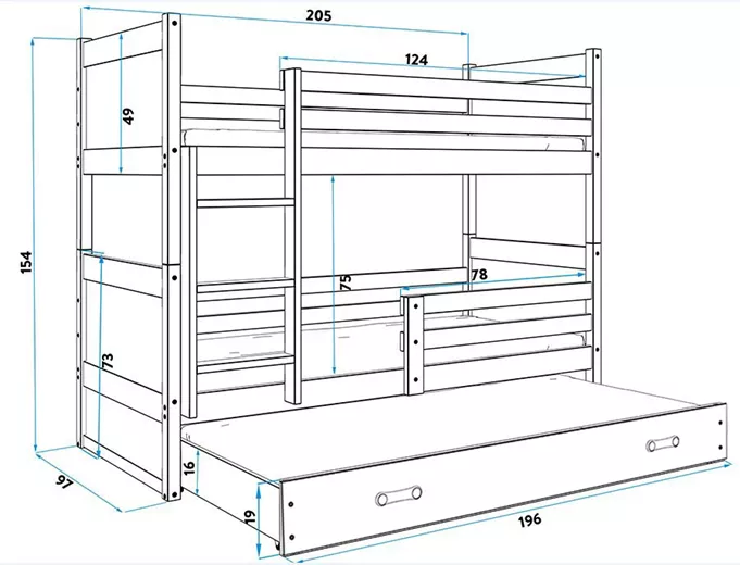 Krevet BMS Rico na kat za 3 osobe 200x90 cm, PINE